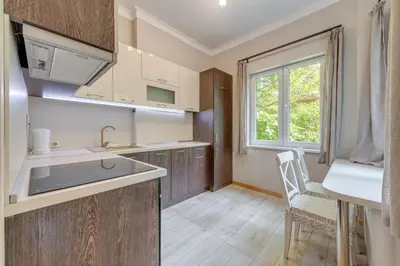 a small kitchen with a sink and a window at Central Apartment in Sofia