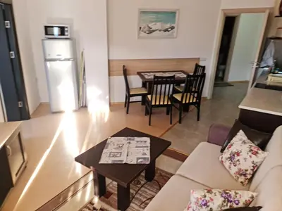 a living room with a couch and a table at EFO Apartment in Bansko