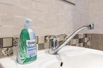a bottle of green mouthwash sitting on a bathroom sink at Oleander Rooms & Apartment in Sofia