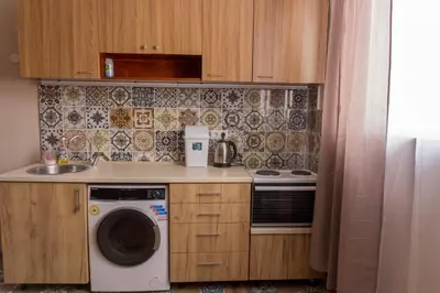 a small kitchen with a washing machine and a sink at Oleander Rooms & Apartment in Sofia