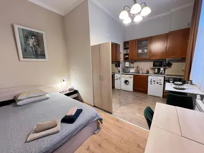 a bedroom with a large bed and a kitchen at Budapest Central Cozy Studio w Working Space and WiFi in Sofia