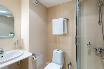 a bathroom with a toilet and a sink and a shower at Hotel Hadjiite in Koprivshtitsa