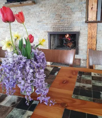 a vase of flowers on a table with a fireplace at Karadzhovata Kashta in Zlatograd
