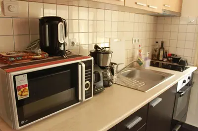 a microwave sitting on a kitchen counter next to a sink at Sunny Central Apartment in Sofia