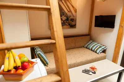 a small room with a couch and a bowl of fruit at Vitosha Blvd - Attic Studio in Sofia