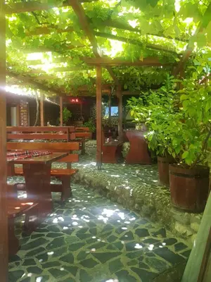 a restaurant with wooden tables and benches and plants at Комплекс Рожена, хотел, хотелски комплекс Рожена in Rozhen