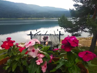 a view of a body of water with flowers at Family Hotel Hebar in Batak