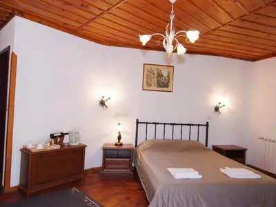 a bedroom with a bed and a wooden ceiling at Despot Slav Hotel & Restaurant in Melnik