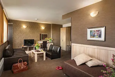 a living room with a couch and a television at Park Hotel Moskva in Sofia
