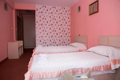 two beds in a room with pink walls at Семеен Хотел Сокол in Sandanski