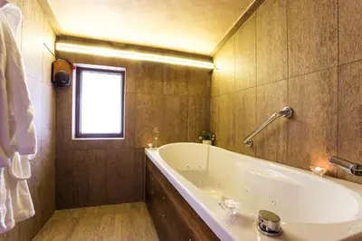 a bathroom with a large tub and a window at Hotel Villa Boyana - Free Parking in Sofia