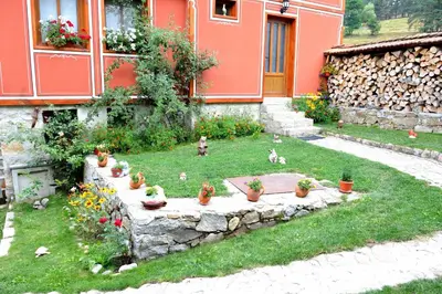 a garden with a bunch of cats in the grass at Guest House Mavrudieva in Koprivshtitsa