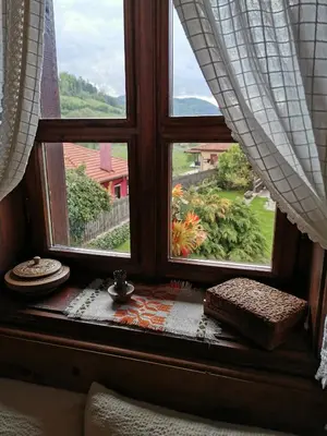 a window with a view of a garden at Hadji Neikovi Guest Houses in Koprivshtitsa