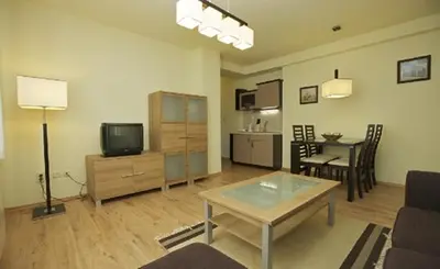 a living room with a couch and a tv and a table at Vila Rila Samokov in Samokov