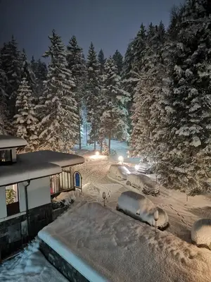 a house covered in snow with trees in the background at Saint George Borovets Hotel in Borovets