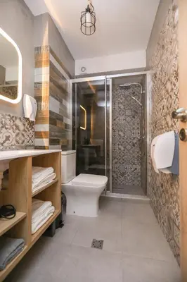 a bathroom with a toilet and a shower at Artemis Apartments in Sandanski