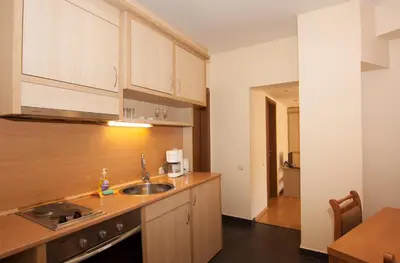 a kitchen with a sink and a counter top at Апартаменти Малина in Pamporovo