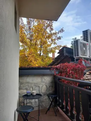 a balcony with two tables and a view of a tree at Guest house Skabrin in Bansko