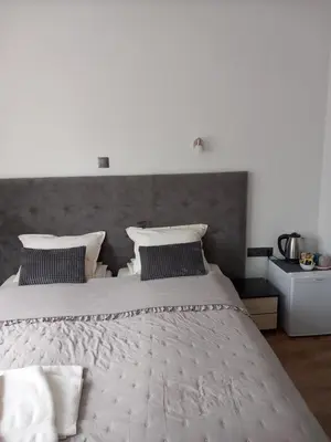 a bedroom with a large bed with a gray headboard at Guest house Skabrin in Bansko
