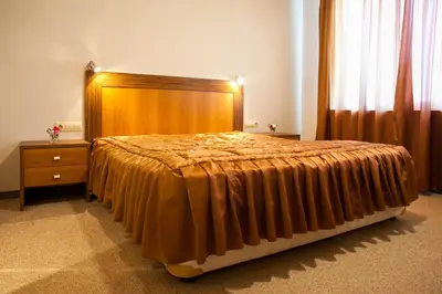 a bedroom with a large bed with a wooden headboard at Hotel Intelcoop in Plovdiv