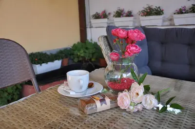 a table with a vase of roses and a cup of coffee at Family Hotel Dalia in Velingrad
