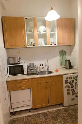 a kitchen with a sink and a microwave at Botev Apartment in Sofia