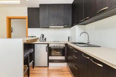 a kitchen with black cabinets and a sink and a stove at The M Place by Flat Mаnager in Sofia