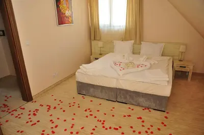 a bedroom with a bed with red rose petals on the floor at 3 Mountains Hotel in Bansko