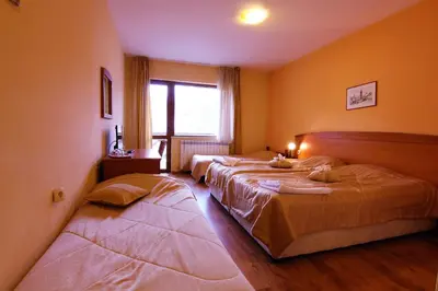two twin beds in a room with a window at Pirina Club Hotel in Bansko