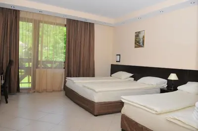 a hotel room with two beds and a window at Family Hotel Delta in Ognyanovo