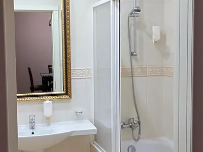 a bathroom with a sink and a shower with a mirror at Aparthouse Borovo near Bulgaria Mall, free street parking in Sofia