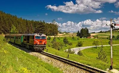 a train traveling down the tracks in a field at Guesthouse Pumpalovi in Dobrinishte