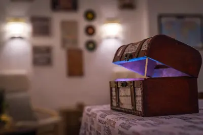 a wooden box sitting on top of a table at Pijama Hostel in Plovdiv