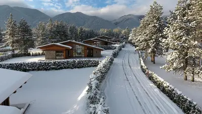 a snow covered path in front of a log cabin at Pirin Golf & Country Club Apartment Complex in Bansko