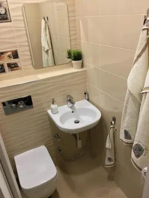 a bathroom with a sink and a toilet and a mirror at Evergreen Sofia Apartment in Sofia