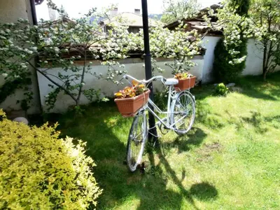 a bike parked in the grass with two baskets on it at The Gates Apartments in Koprivshtitsa