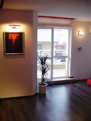a living room with a potted plant and a large window at Apartments Rosina in Plovdiv
