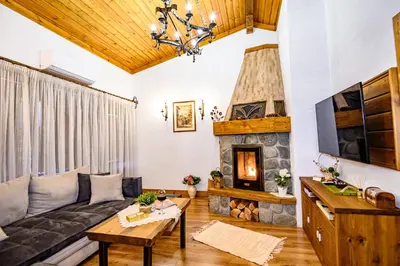 a living room with a couch and a fireplace at Къща за гости Плевнята in Bansko