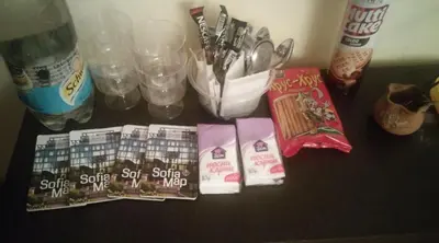 a table with a group of toothbrushes and a bottle of water at Къща за гости Пеневи in Sofia