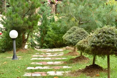 a stone path in a garden with trees and a street light at Vila 6aTo Hotel & Wellnes in Sofia