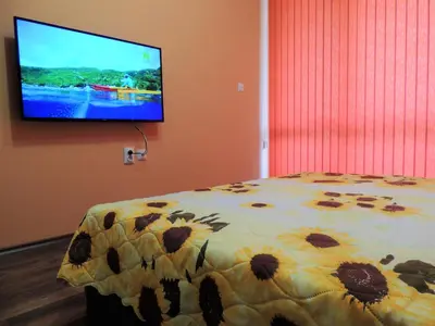 a bedroom with a bed and a tv on the wall at Хисаря ВИП апартаменти in Hisarya