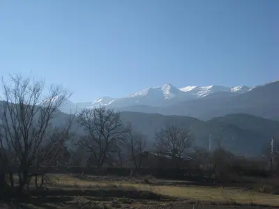 a field with trees and mountains in the background at Вила Цветелина, Комплекс Александриa in Dobrinishte