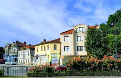 a group of buildings on a city street with flowers at Shahbazian House in Plovdiv