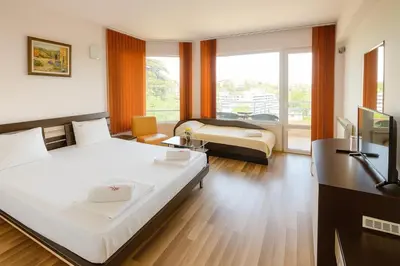 a hotel room with a bed and a living room at Hotel Avis in Sandanski