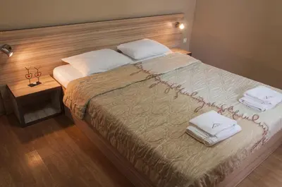 a bedroom with a large bed with a wooden headboard at Family Hotel Pautalia in Sandanski