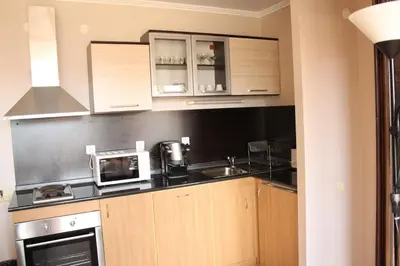 a kitchen with a sink and a microwave at Pamporovo Hotel Snezhanka A425 in Pamporovo