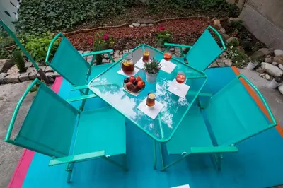 an overhead view of a blue table with food on it at Urban Garden in Sofia