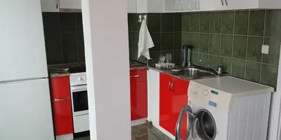 a kitchen with a sink and a washing machine at Апартамент за нощувки in Gotse Delchev