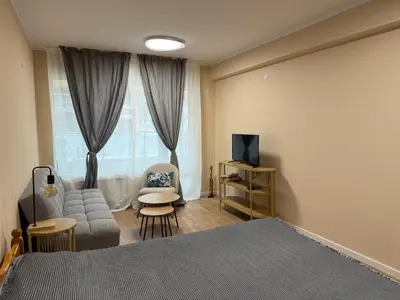 a bedroom with a bed and a couch and a tv at Kamy-Sophia Apartment in Sofia