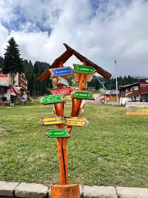 a wooden street sign in a field at Boro Green Holiday Village in Borovets